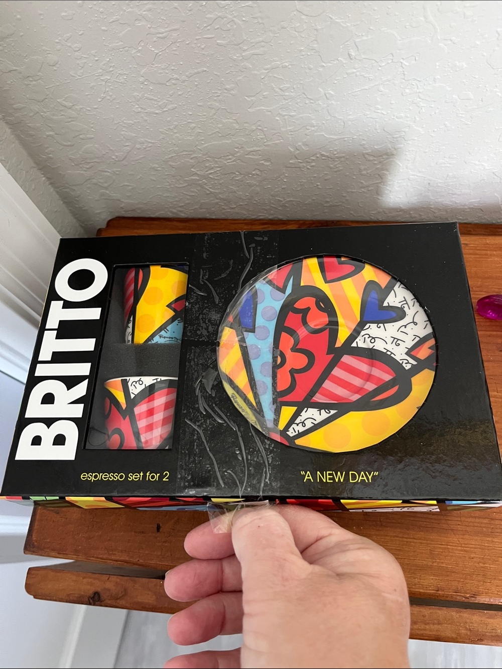 BRITTO "A New Day" Espresso Set for 2 - Colorful Heart Design NIB
